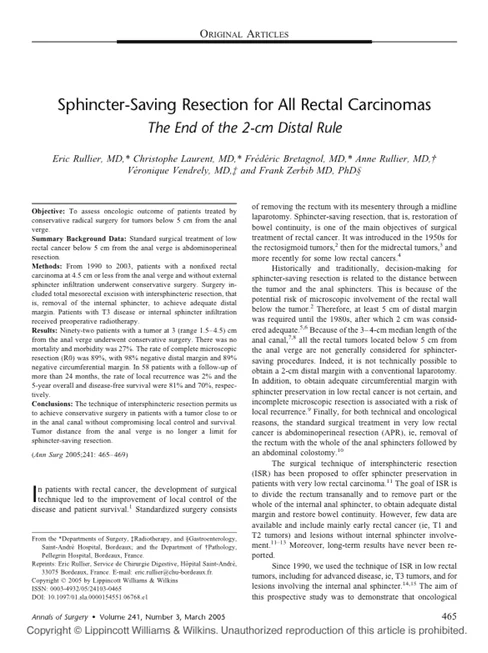 RECTAL CANCER WITHOUT AN UNNATURAL SEAT